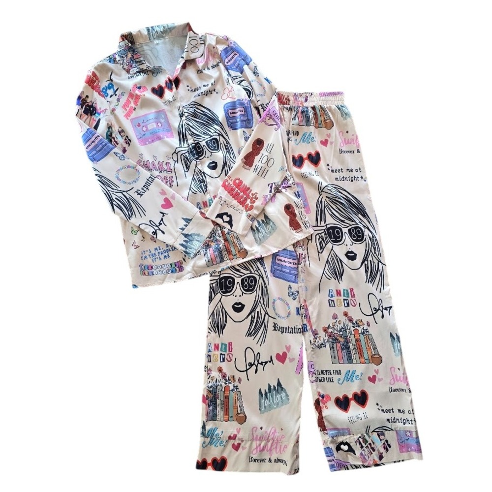 Swiftie Fan Pajama Set Eras Tour Graphic Print Women S Satin-Feel Loungewear